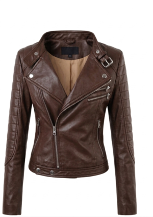 CHAM_MO_MU_40 Chamarra dama estilo biker con cremallera asimétrica y hebilla