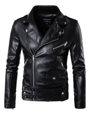 CHAM_NG_HO_26 Chamarra hombre estilo biker, doble cinturón y solapas anchas