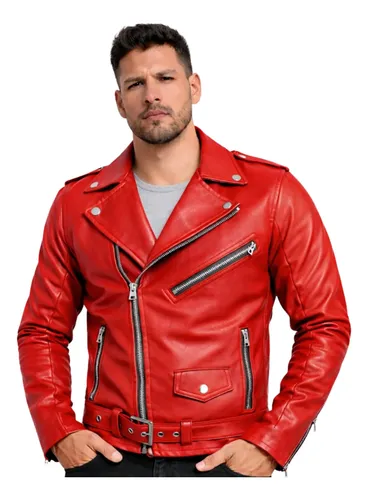 Chamarra hombre estilo biker, cremallera cruzada y cinturón