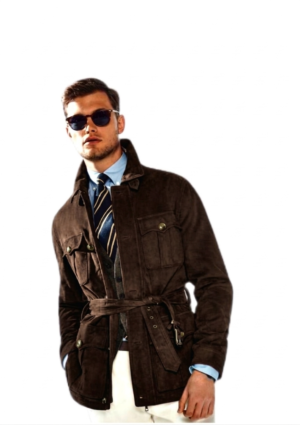 Chaqueta Hombre Estilo Safari Gamuza Con Cinturon
