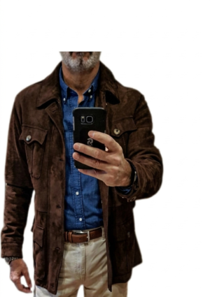 Chaqueta Hombre Estilo Safari Gamuza Bolsillos Multiples