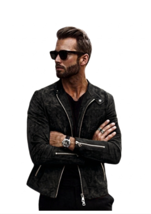 Chaqueta Hombre Estilo Motociclista Gamuza Negra