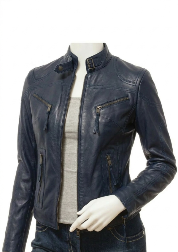Informal dama cuello mao con hebilla y cremalleras diagonales